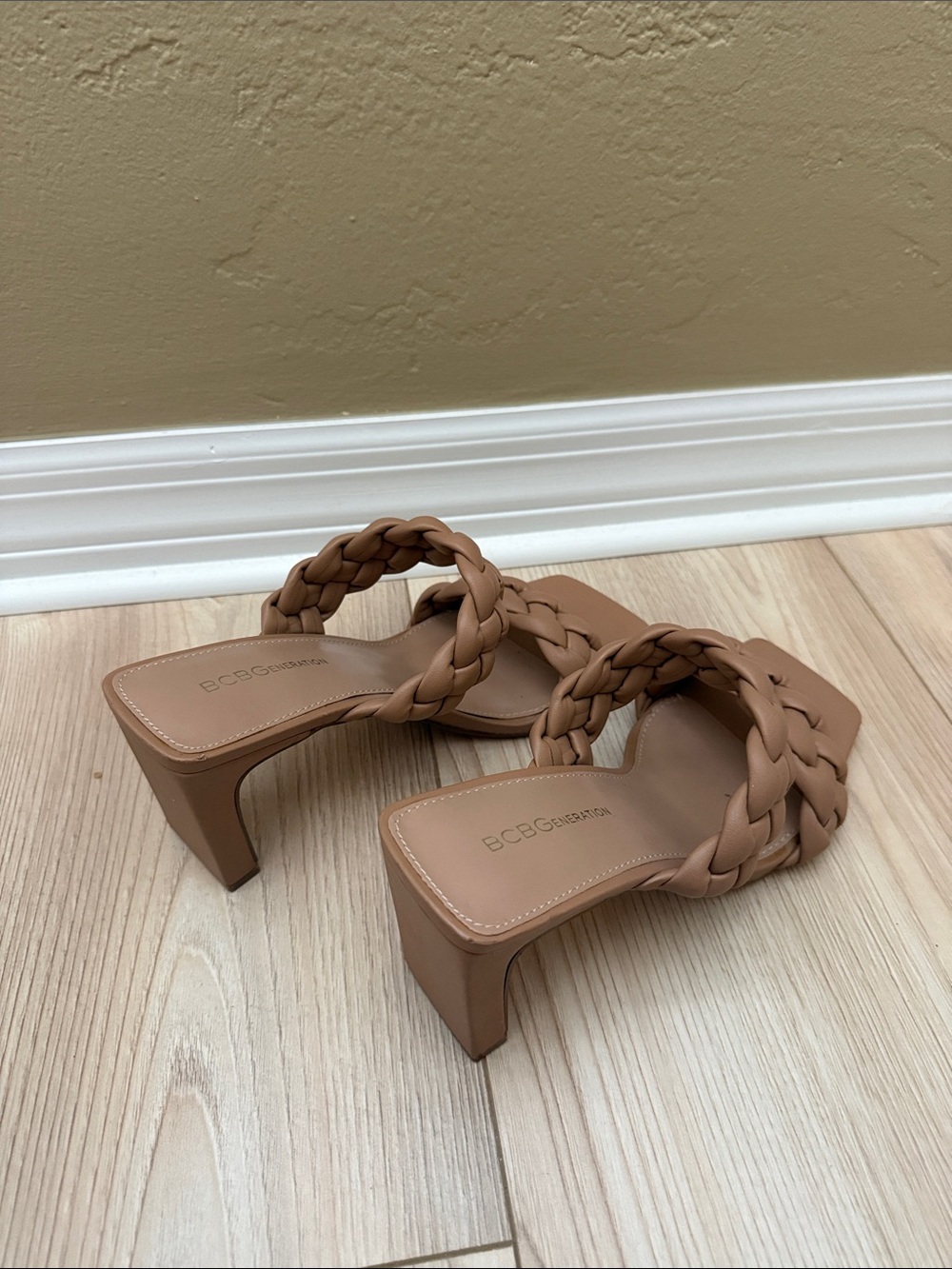 BCBGeneration Braided Tan Square-Toe Block Heel Mules